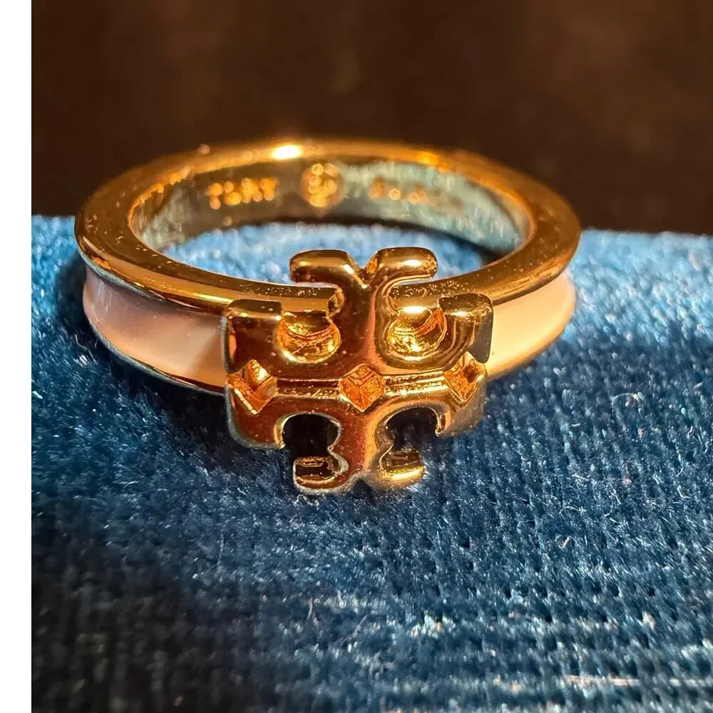 Tory Burch Icon Enamel Ring Gold & White Size 6.5 Double T Logo NWOT